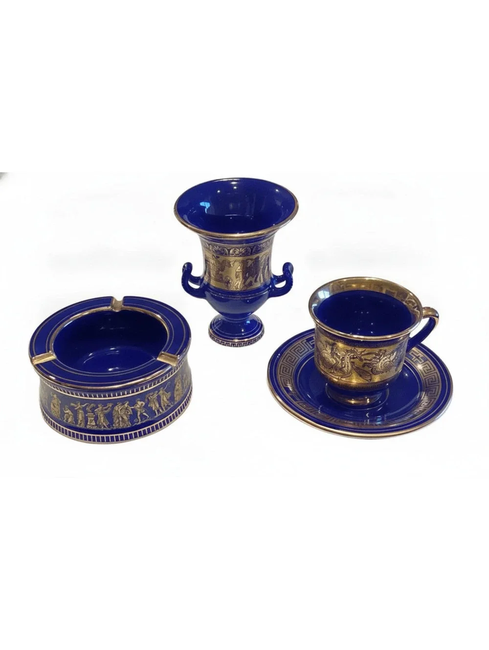 3 Pcs Set SPYROPULOS Greek D. Cup & Saucer, Vase Ashtray, 24k Trim, Cobalt B